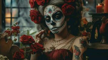 a woman with a sugar skull on her face holds rose photo