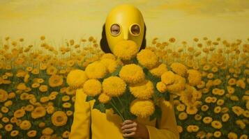 un mujer con un amarillo máscara y un ramo de flores de flor foto