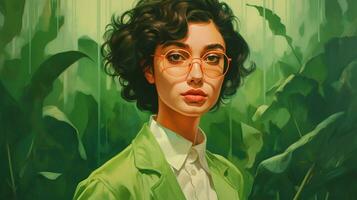 a woman with glasses in front of a green background photo