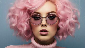 a woman with pink hair and glasses on her face is photo