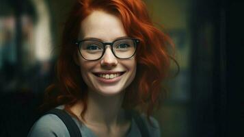 un mujer con rojo pelo vistiendo lentes sonrisas a t foto