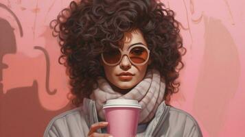 a woman with sunglasses and a pink cup of coffee photo