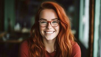 un mujer con rojo pelo vistiendo lentes sonrisas a t foto