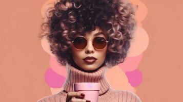 a woman with sunglasses and a pink cup of coffee photo