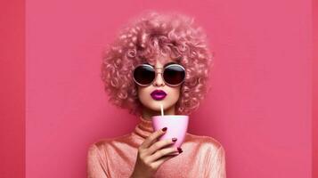 a woman with sunglasses and a pink cup of coffee photo