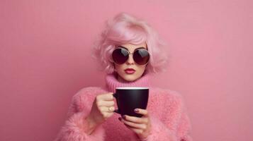 un mujer con Gafas de sol y un rosado taza de café foto