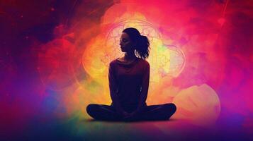 un mujeres silueta meditando en potenciado con energía foto