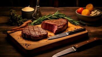 a wooden cutting board with steaks and a knife ne photo