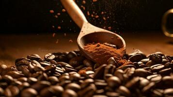 a wooden spoon with coffee beans sprinkled on it photo