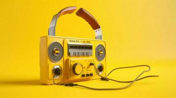 a yellow cassette player with headphones and a mi photo