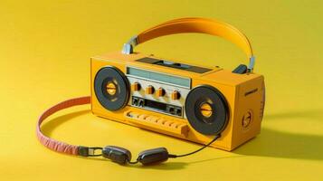 a yellow cassette player with headphones and a mi photo