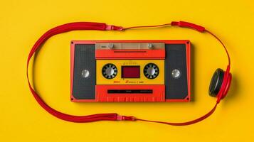 a yellow cassette player with a red headphone on photo