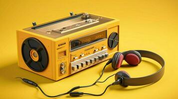 a yellow cassette player with headphones and a mi photo