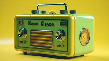 a yellow radio with a green screen that saysthe r photo