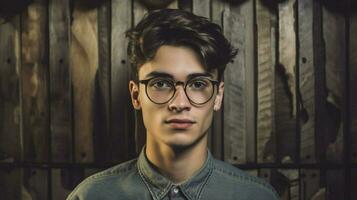 a young man wearing glasses with the word glasses photo