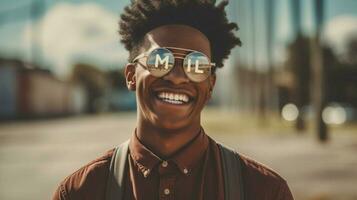 a young man wearing glasses with the word smile o photo