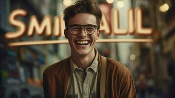 a young man wearing glasses with the word smile o photo