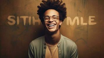 a young man wearing glasses with the word smile o photo