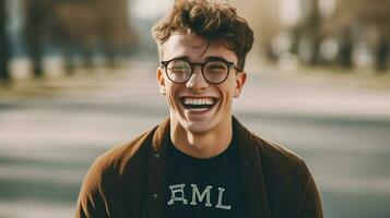 a young man wearing glasses with the word smile o photo