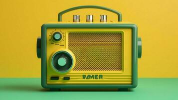 a yellow radio with a green screen that saysthe r photo