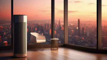 air purifier in room with view of bustling metrop photo