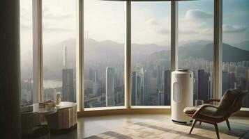 air purifier in room with view of bustling metrop photo