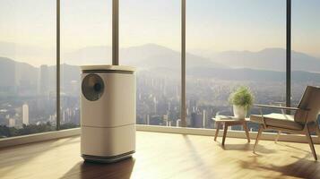 air purifier in room with view of bustling metrop photo