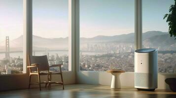 air purifier in room with view of bustling metrop photo
