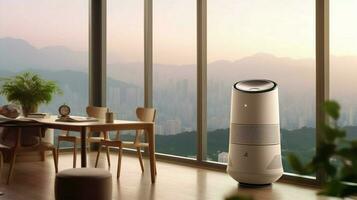 air purifier in room with view of bustling metrop photo