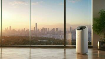 air purifier in room with view of bustling metrop photo