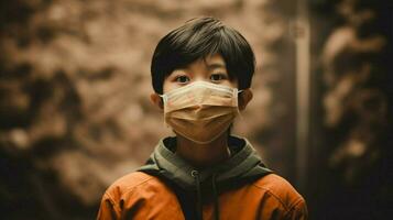 un asiático chico vistiendo protector máscara codicioso 19 mas foto