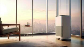 air purifier in room with view of bustling metrop photo