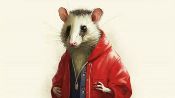 an illustration of an opossum with a green jacket photo