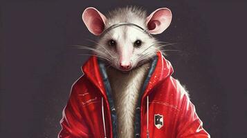 an illustration of an opossum with a green jacket photo