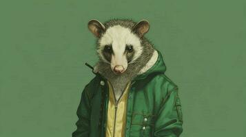 an illustration of an opossum with a green jacket photo