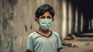 an indian boy wearing protective mask covid 19 ma photo