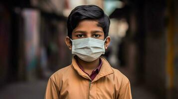 un indio chico vistiendo protector máscara codicioso 19 mamá foto