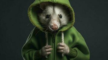 an opossum with a green hoodie and a green hoodie photo