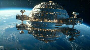 an orbital station with its view of the planet an photo