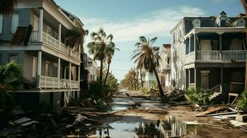 ashcovered street and house in city after afterma photo