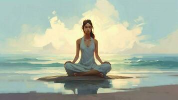 at the seashore a woman practices yoga illustration photo