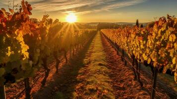 autumn sun shining on vineyard with rows of grape photo