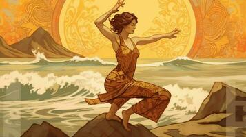 at the seashore a woman practices yoga illustration photo