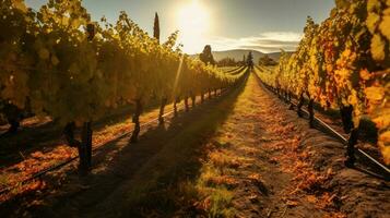 autumn sun shining on vineyard with rows of grape photo