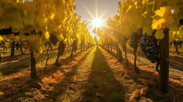 autumn sun shining through rows of grape vines hi photo
