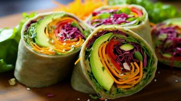 bright and colorful veggie wrap with hummus avoca photo