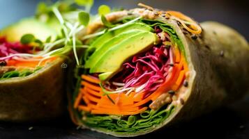 bright and colorful veggie wrap with hummus avoca photo