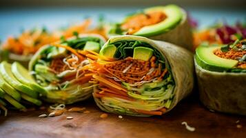 bright and colorful veggie wrap with hummus avoca photo