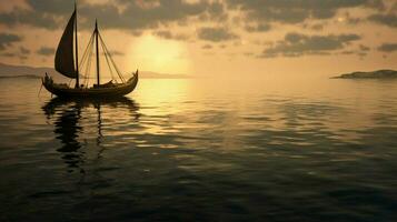 calm sea with viking ship sailing on the horizon photo