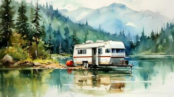 camping in mountain lake with travel trailer wate photo